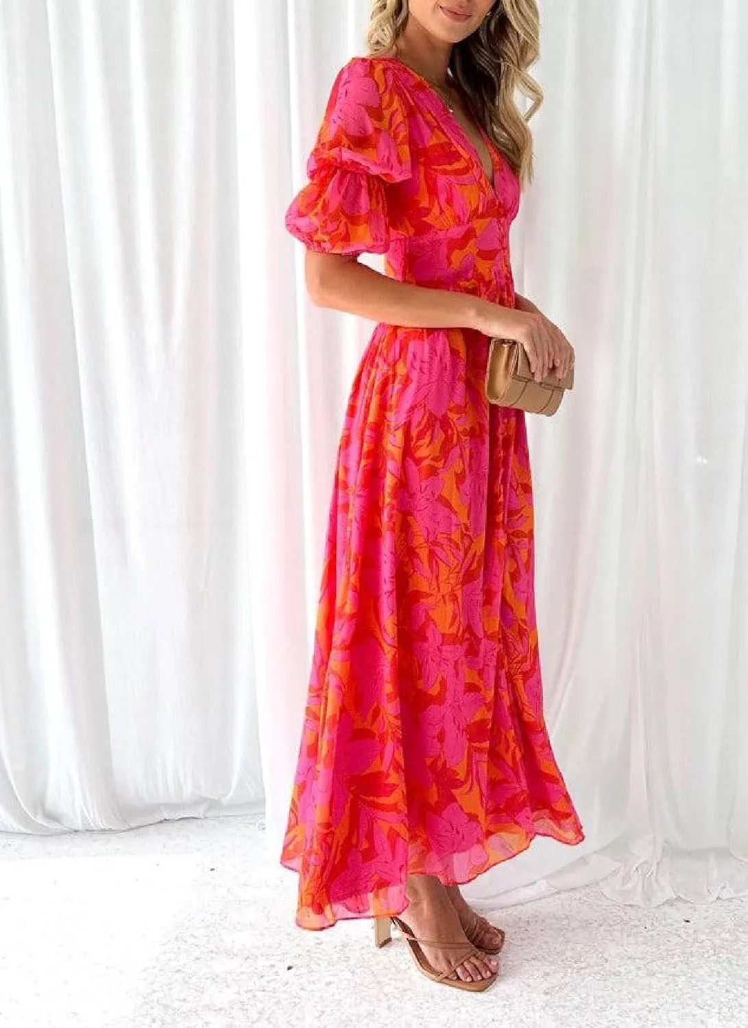 Womens Maxi Dress Short Sleeve V-Neck Floral Print Split Hem Vivid Stylish 2025 Spring Summer Beach Party Dress