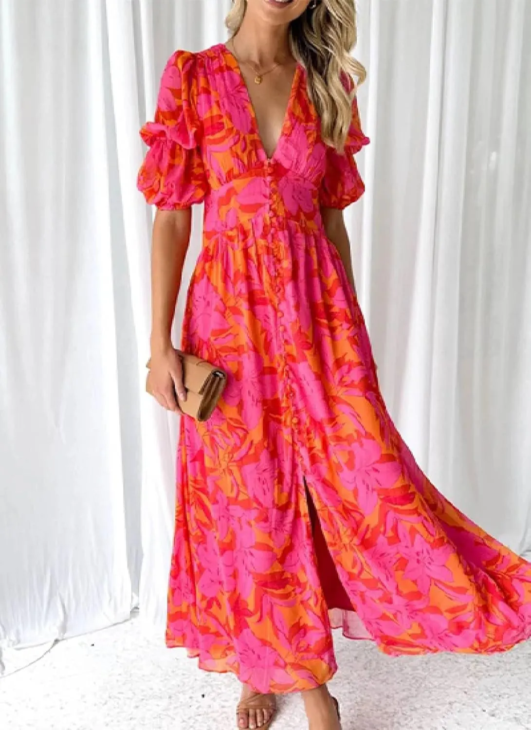 Womens Maxi Dress Short Sleeve V-Neck Floral Print Split Hem Vivid Stylish 2025 Spring Summer Beach Party Dress