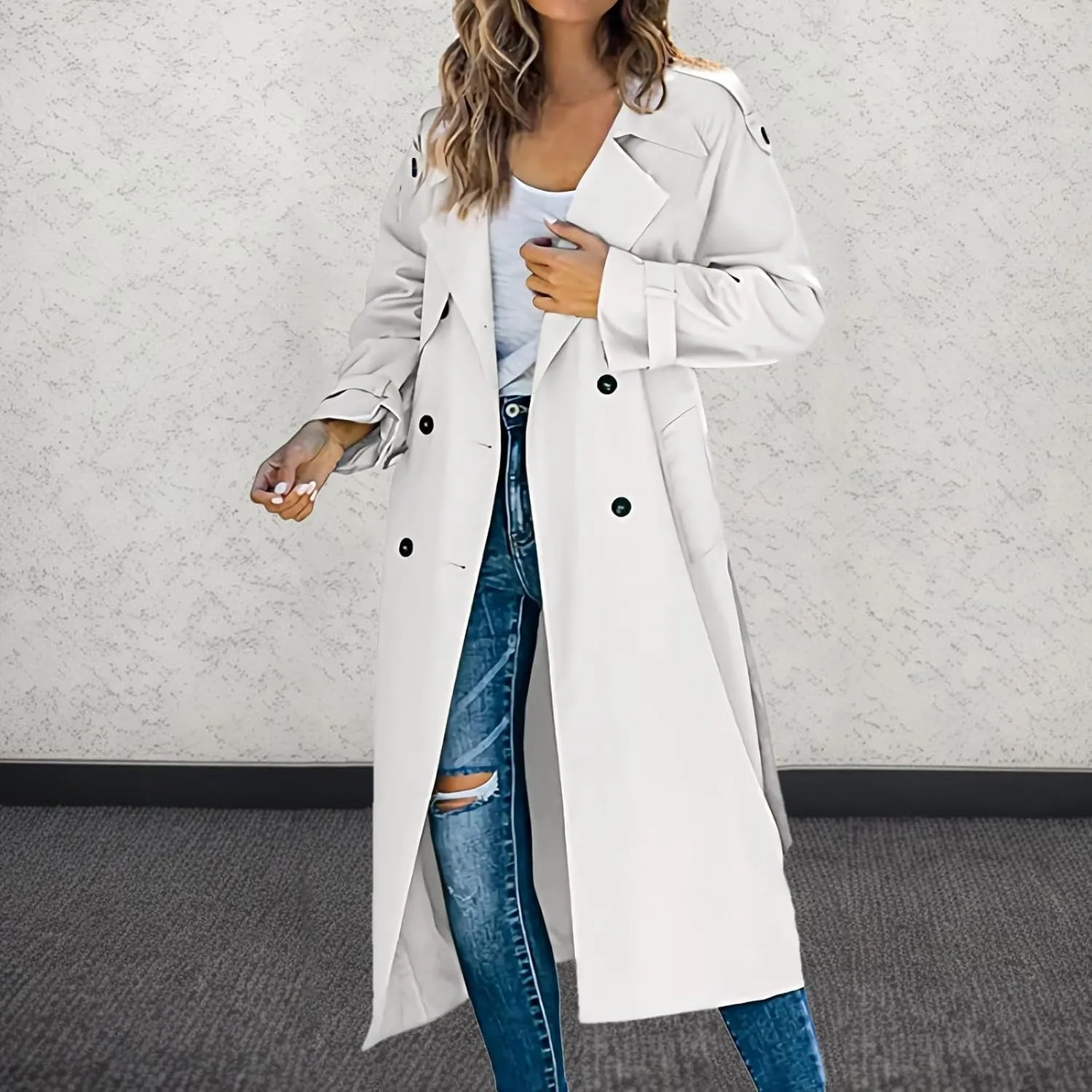 Women's Mid Length Oversized Button Coats Casual Solid Color Long Sleeve With Belt Jackets Lapel Fall Winter Clothes