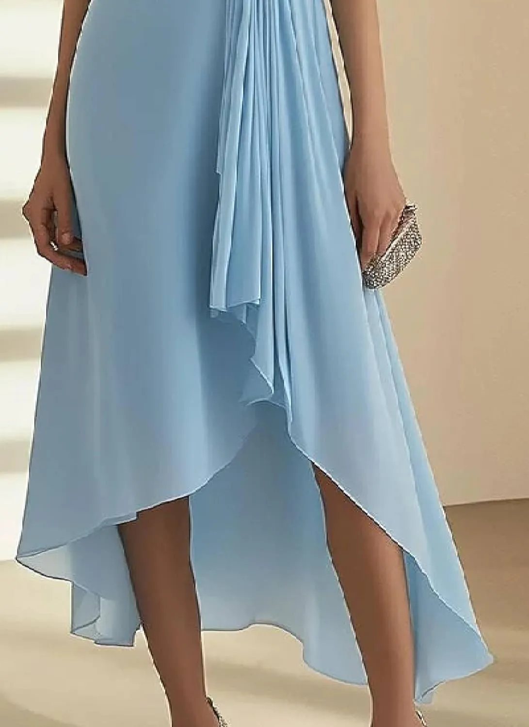Womens Midi Dress Plain Short Sleeve V-Neck Asymmetrical Pleated Elegant Flowy Spring Summer Cocktail Party Dress