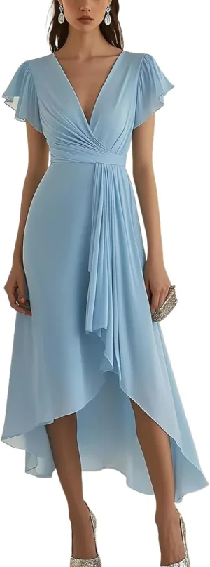 Womens Midi Dress Plain Short Sleeve V-Neck Asymmetrical Pleated Elegant Flowy Spring Summer Cocktail Party Dress