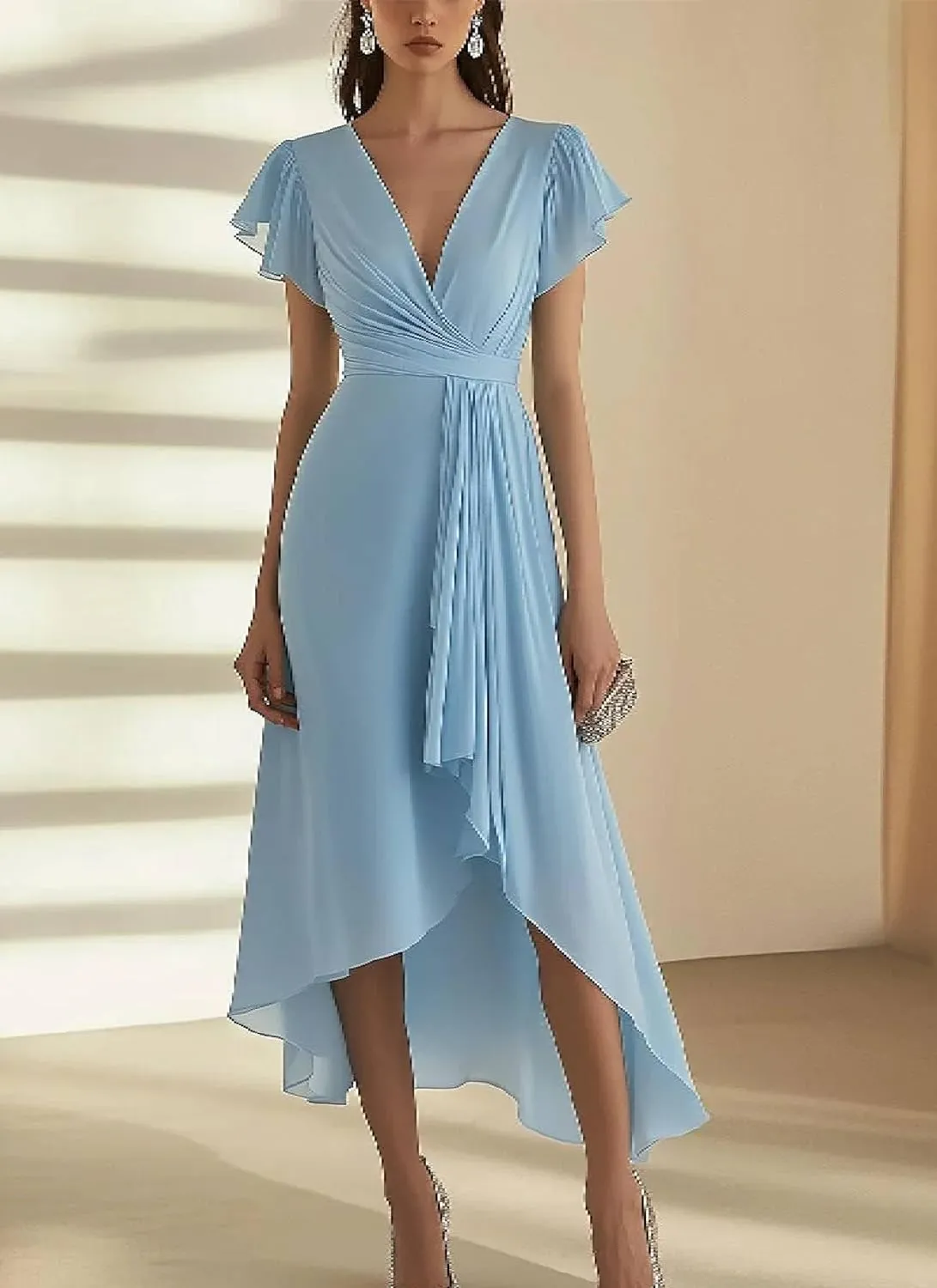 Womens Midi Dress Plain Short Sleeve V-Neck Asymmetrical Pleated Elegant Flowy Spring Summer Cocktail Party Dress