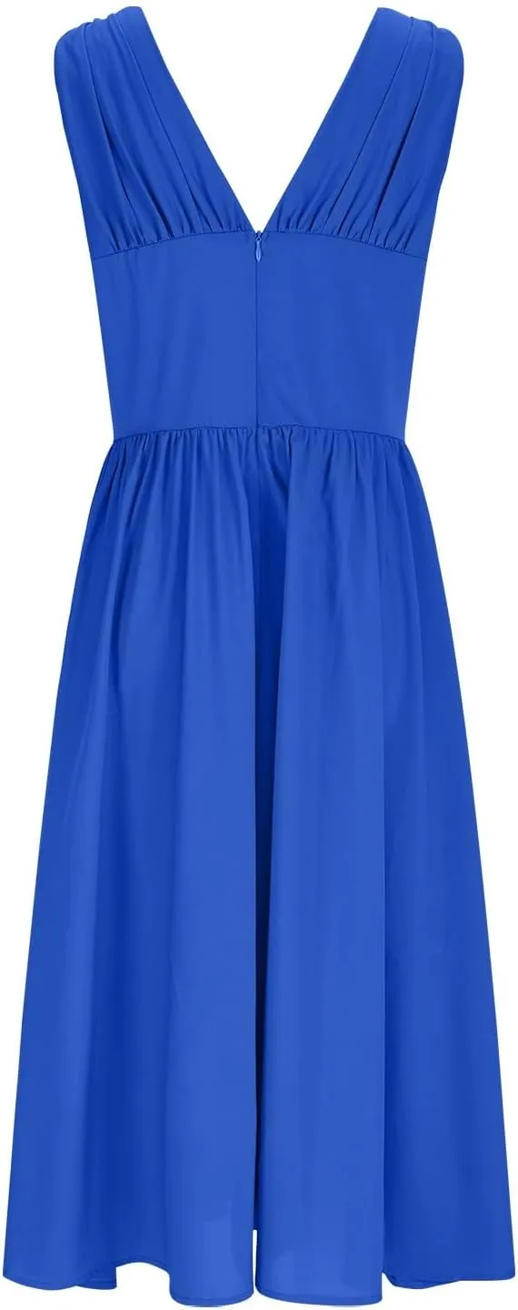 Womens Midi Dresses Plus Size Fashion Solid Color Lace up V-Neck Sleeveless Pleat Tank Dress Summer Beach Sundress