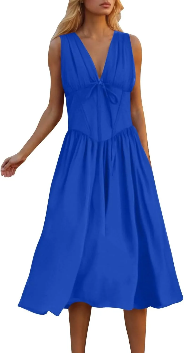 Womens Midi Dresses Plus Size Fashion Solid Color Lace up V-Neck Sleeveless Pleat Tank Dress Summer Beach Sundress