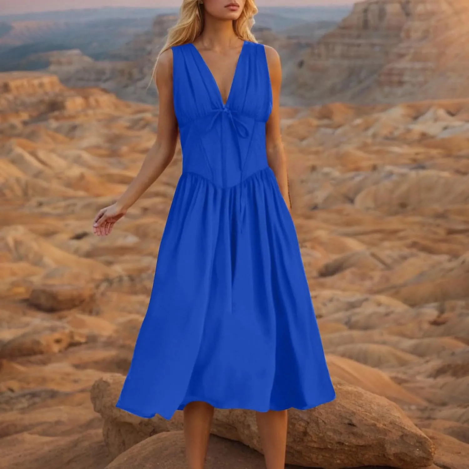 Womens Midi Dresses Plus Size Fashion Solid Color Lace up V-Neck Sleeveless Pleat Tank Dress Summer Beach Sundress