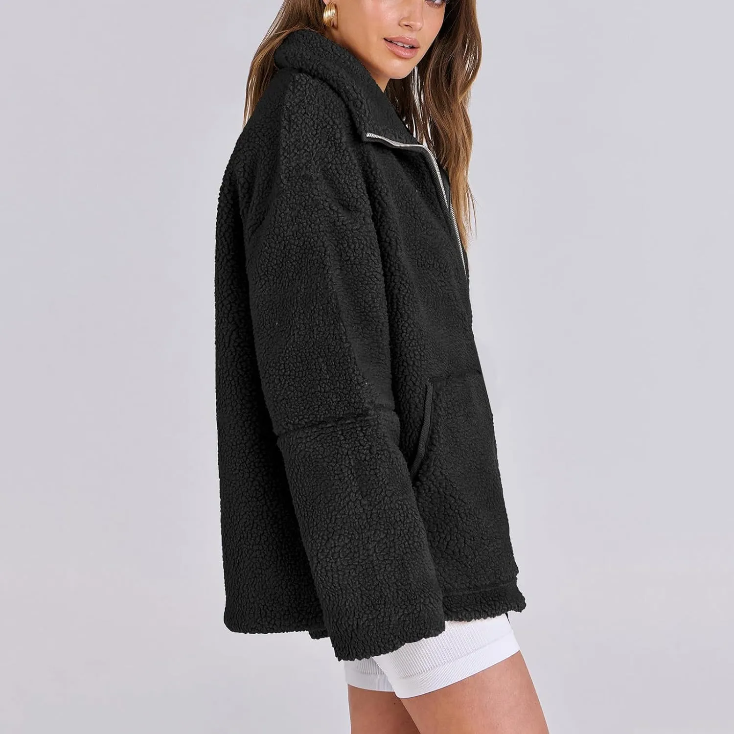 Womens Oversized Fleece Sherpa Lined Jacket Zip Up Long Sleeve Teddy Coat Casual Winter Warm Clothes with Pockets