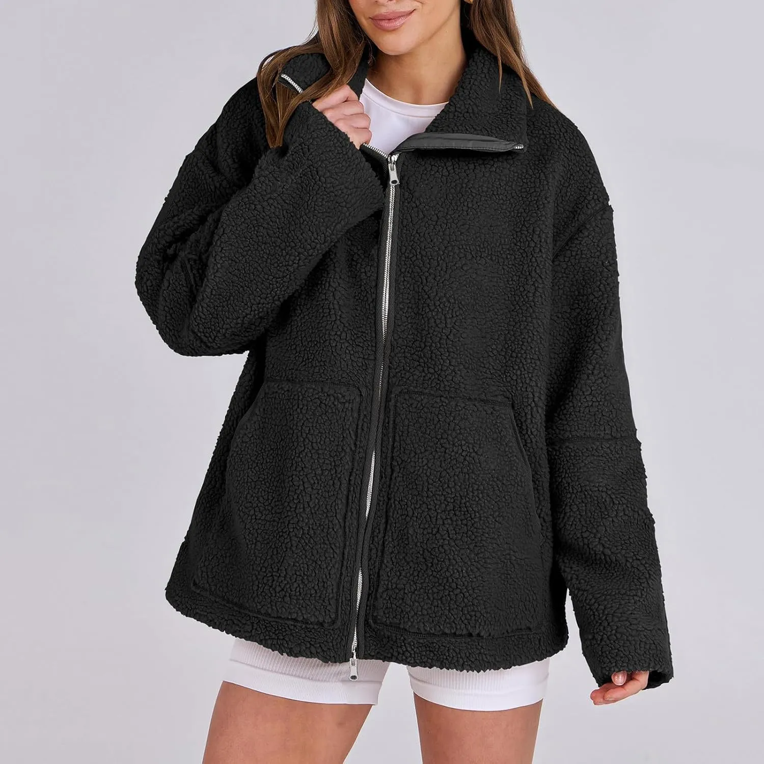 Womens Oversized Fleece Sherpa Lined Jacket Zip Up Long Sleeve Teddy Coat Casual Winter Warm Clothes with Pockets