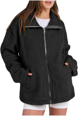 Womens Oversized Fleece Sherpa Lined Jacket Zip Up Long Sleeve Teddy Coat Casual Winter Warm Clothes with Pockets