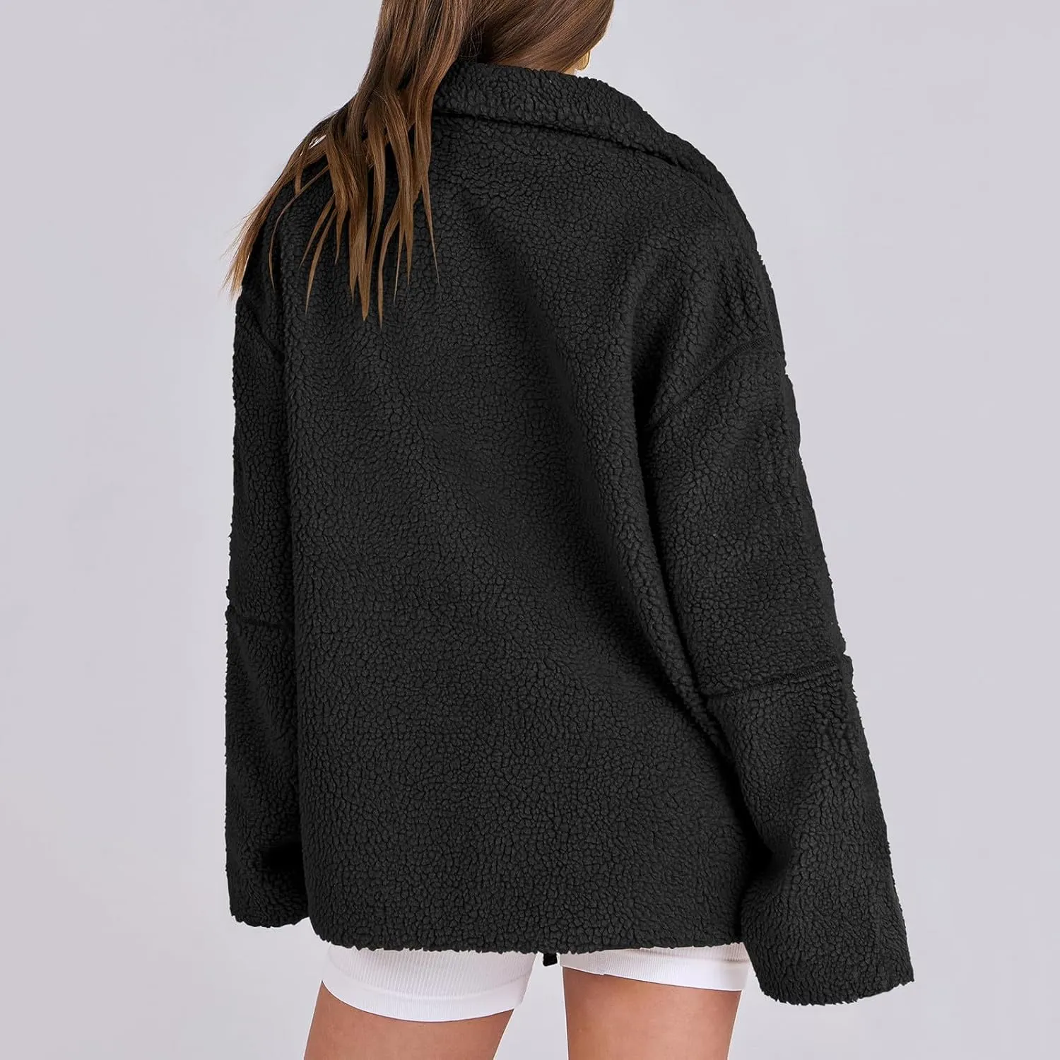 Womens Oversized Fleece Sherpa Lined Jacket Zip Up Long Sleeve Teddy Coat Casual Winter Warm Clothes with Pockets