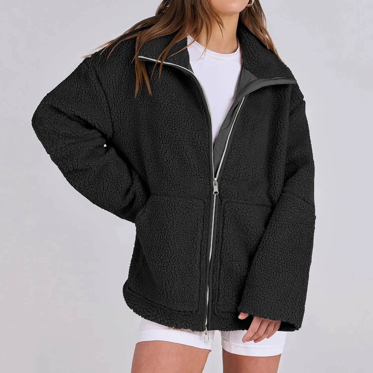 Womens Oversized Fleece Sherpa Lined Jacket Zip Up Long Sleeve Teddy Coat Casual Winter Warm Clothes with Pockets