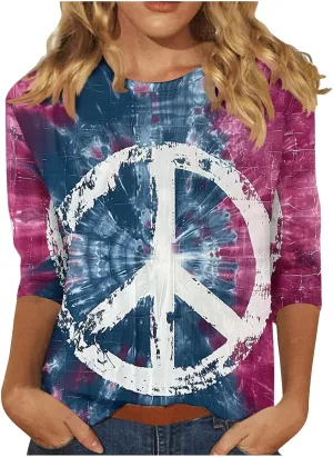 Womens Peace Sign T Shirt Novelty 3D Floral Graphic Tee Cute Ladies Gift 3/4 Sleeve Tunic Tops Vintage Hippie Costume
