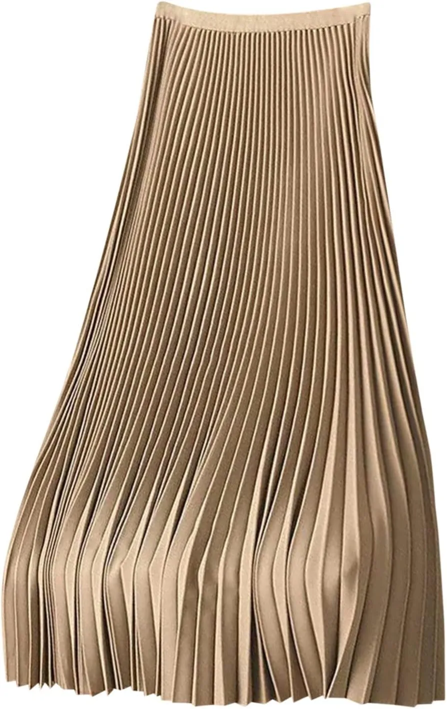 Womens Pleated Midi Skirts Elastic High Waist A-Line Ankle Length Skirt Ladies Elegant Evening Party Skirts