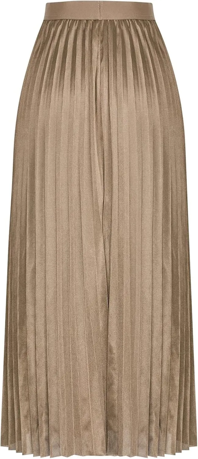Womens Pleated Midi Skirts Elastic High Waist A-Line Ankle Length Skirt Ladies Elegant Evening Party Skirts
