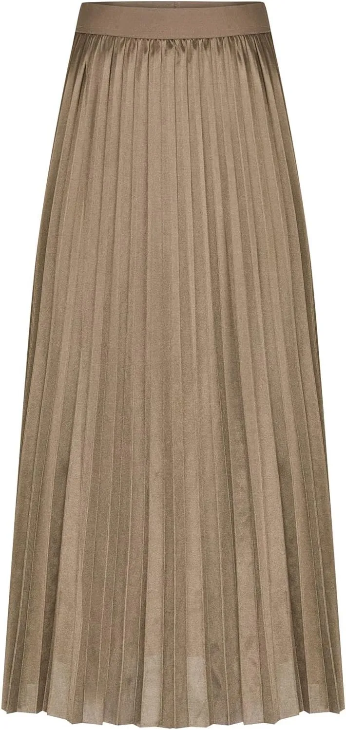 Womens Pleated Midi Skirts Elastic High Waist A-Line Ankle Length Skirt Ladies Elegant Evening Party Skirts
