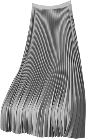 Women's Pleated Skirt Satin Metallic Shiny Flare Flowy Swing A-Line Skirt Summer Casual Solid High Waist Plus Size Midi Skirt