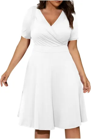 Womens Plus Size Casual Summer Dresses Short Sleeve V Neck Midi Dress A Line Sundress Vacation Outfits with Pockets