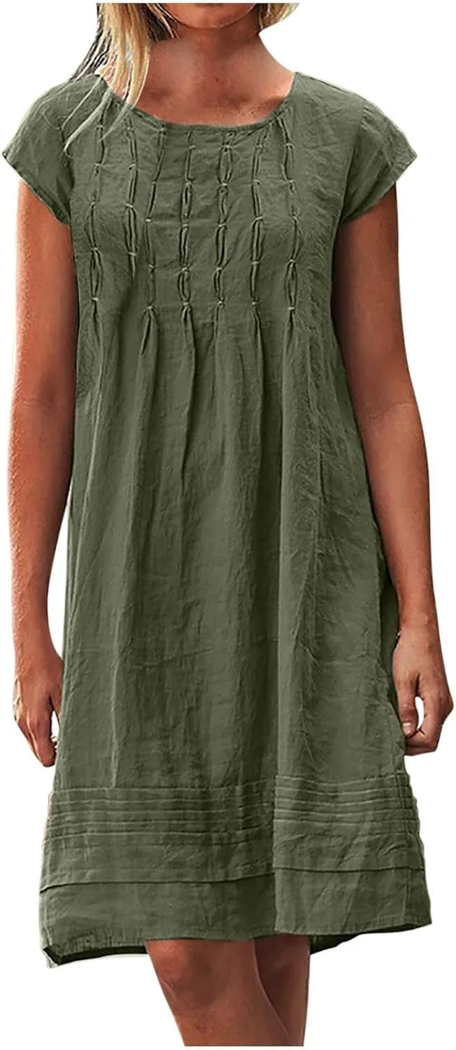 Women's Plus Size Cotton Linen Tiered Midi Dresses Short Sleeve Knee Length Shirred Dress Boho Loose Flowy Sundresses