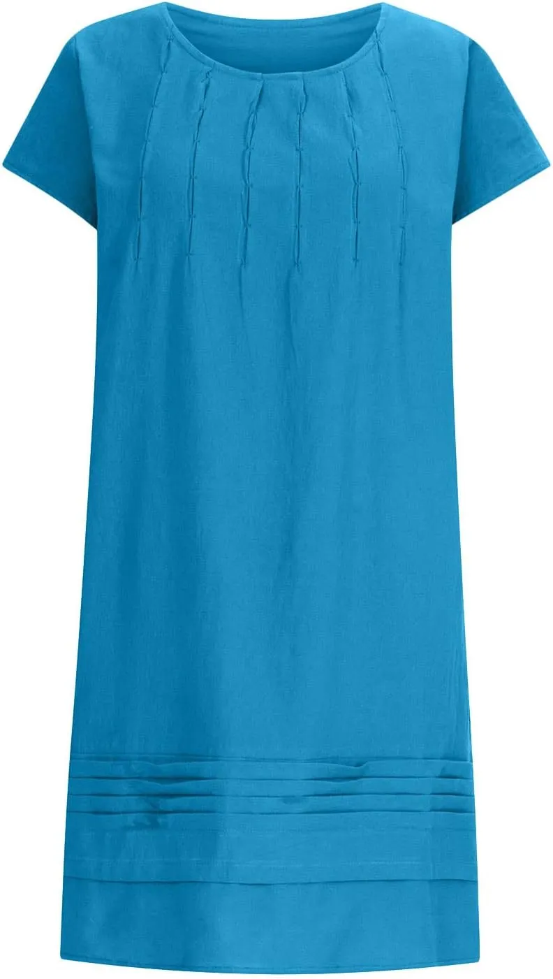 Women's Plus Size Cotton Linen Tiered Midi Dresses Short Sleeve Knee Length Shirred Dress Boho Loose Flowy Sundresses