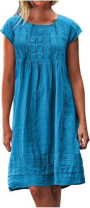 Women's Plus Size Cotton Linen Tiered Midi Dresses Short Sleeve Knee Length Shirred Dress Boho Loose Flowy Sundresses