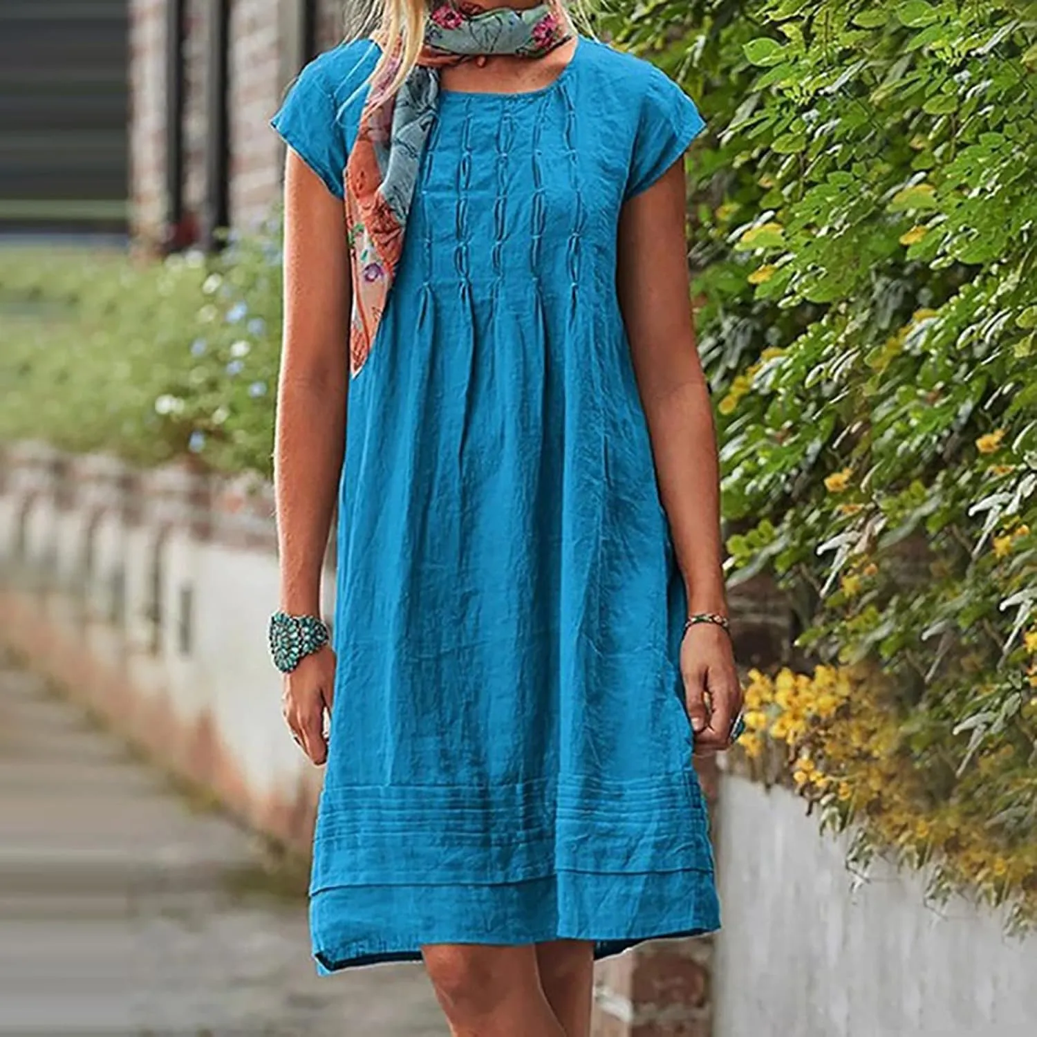 Women's Plus Size Cotton Linen Tiered Midi Dresses Short Sleeve Knee Length Shirred Dress Boho Loose Flowy Sundresses
