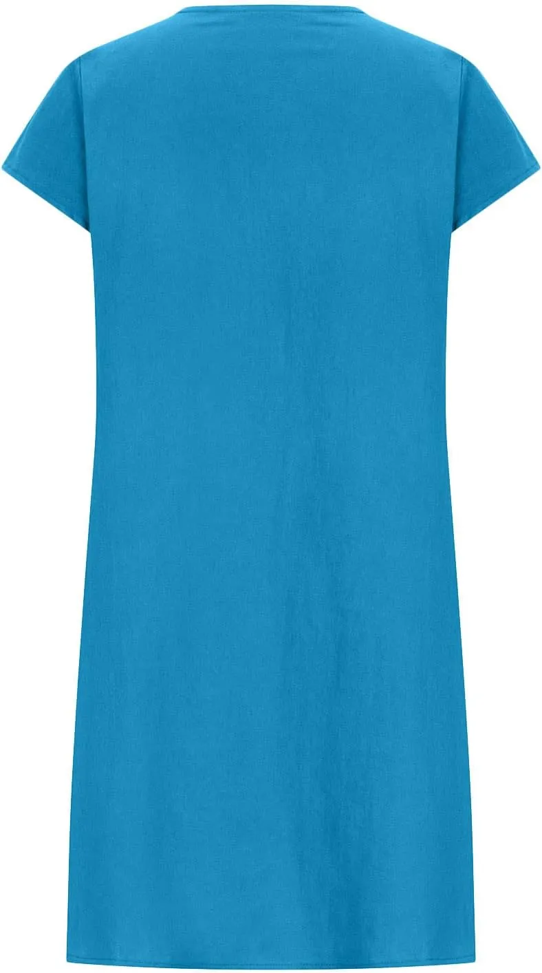 Women's Plus Size Cotton Linen Tiered Midi Dresses Short Sleeve Knee Length Shirred Dress Boho Loose Flowy Sundresses