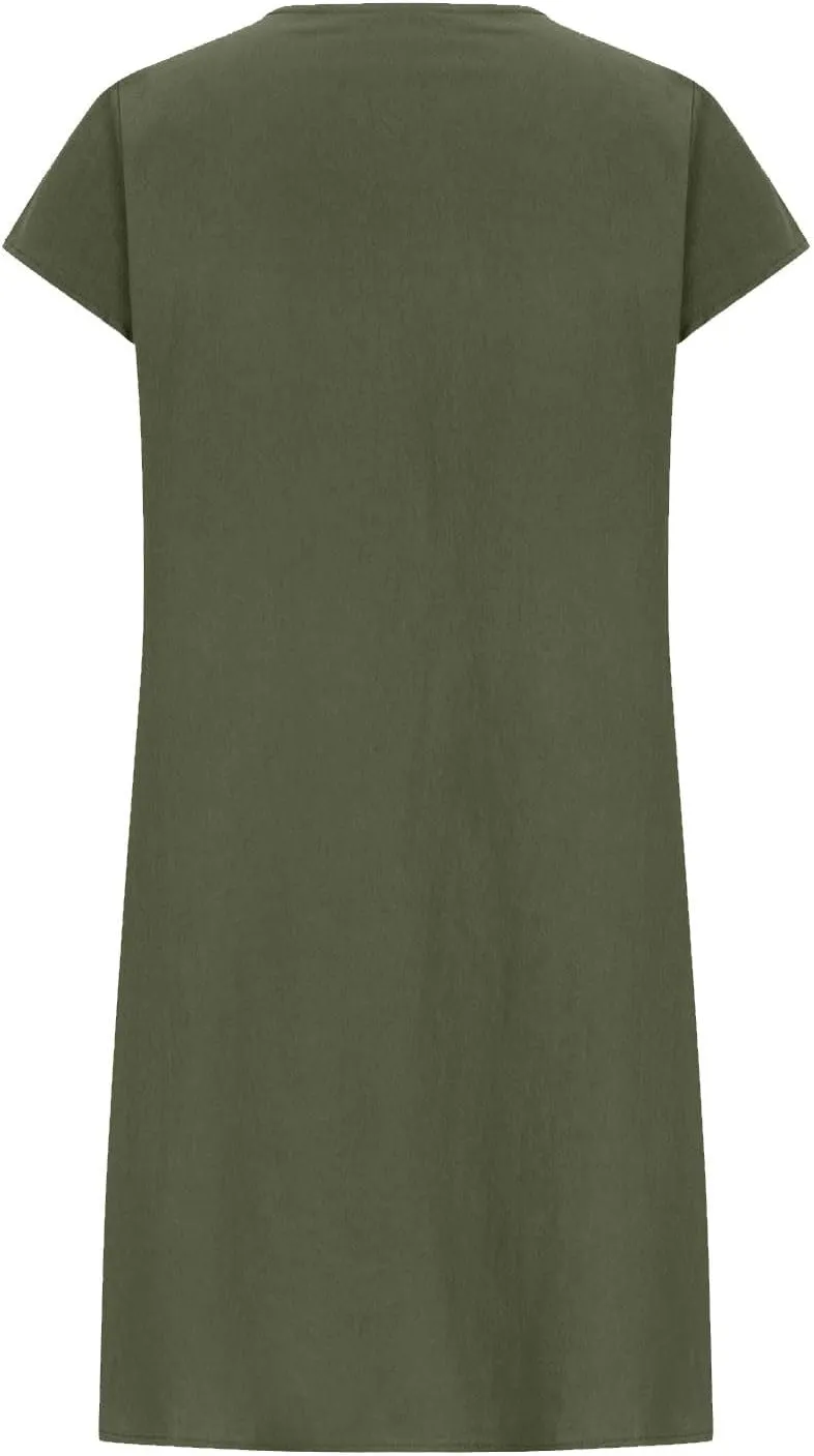 Women's Plus Size Cotton Linen Tiered Midi Dresses Short Sleeve Knee Length Shirred Dress Boho Loose Flowy Sundresses