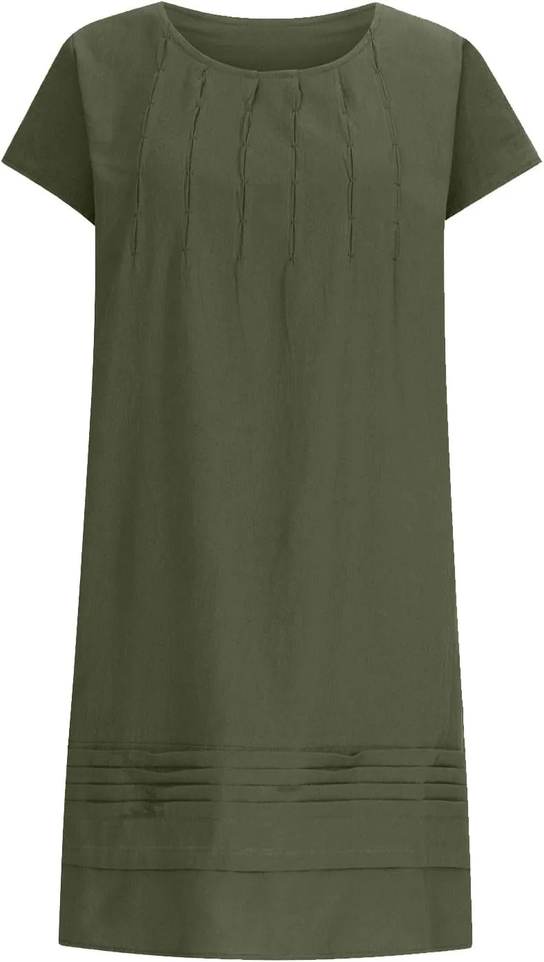 Women's Plus Size Cotton Linen Tiered Midi Dresses Short Sleeve Knee Length Shirred Dress Boho Loose Flowy Sundresses