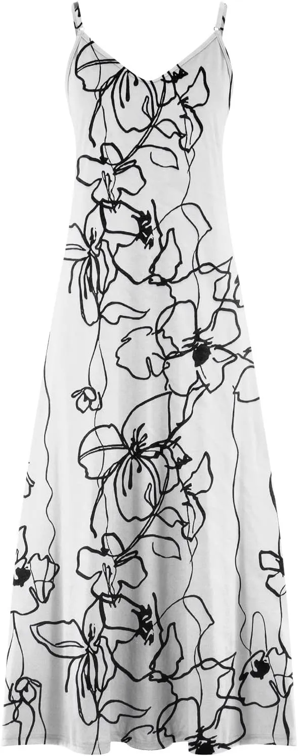 Womens Plus Size Spaghetti Strap Summer Casaul Dress Floral Print Sexy V-Neck Vest Dress Camis Sleeveless Dress