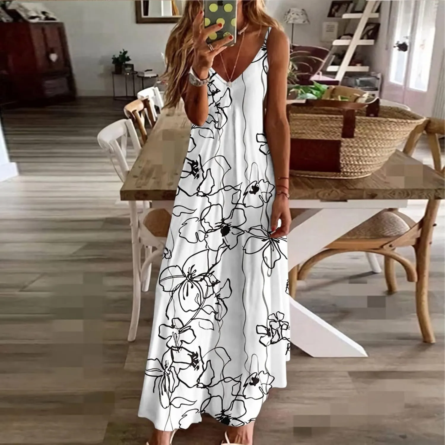 Womens Plus Size Spaghetti Strap Summer Casaul Dress Floral Print Sexy V-Neck Vest Dress Camis Sleeveless Dress