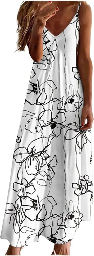 Womens Plus Size Spaghetti Strap Summer Casaul Dress Floral Print Sexy V-Neck Vest Dress Camis Sleeveless Dress