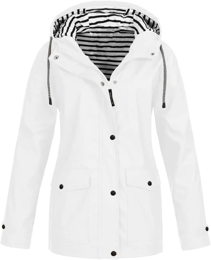 Women's Rain Jacket Fall Winter Jacket Outdoor Sports Hooded Trench Jacket Solid Zip Up Windbreaker Drawstring Parka