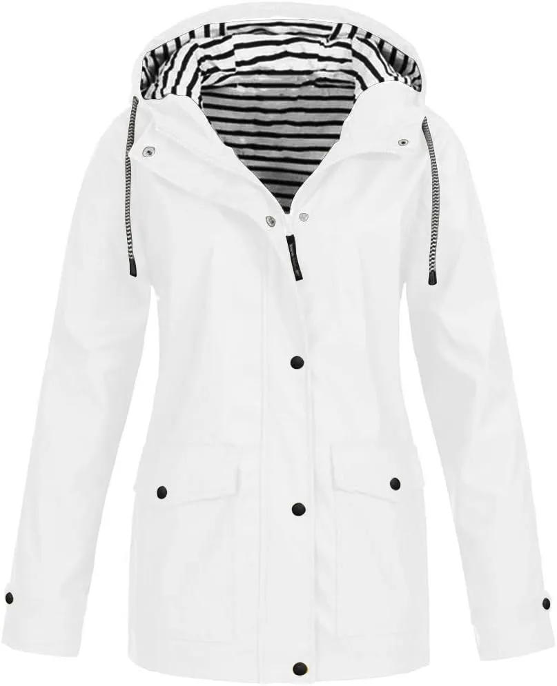Women's Rain Jacket Fall Winter Jacket Outdoor Sports Hooded Trench Jacket Solid Zip Up Windbreaker Drawstring Parka