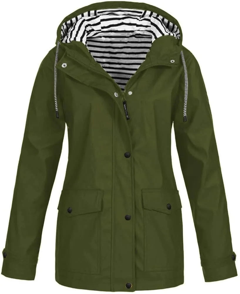 Women's Rain Jacket Fall Winter Jacket Outdoor Sports Hooded Trench Jacket Solid Zip Up Windbreaker Drawstring Parka