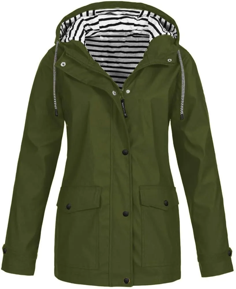 Women's Rain Jacket Fall Winter Jacket Outdoor Sports Hooded Trench Jacket Solid Zip Up Windbreaker Drawstring Parka