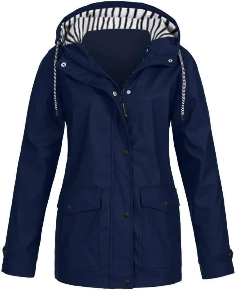 Womens Rain Jacket with Hood Fall Winter Jacket Sports Trench Jacket Solid Zip Up Windbreaker Drawstring Parka