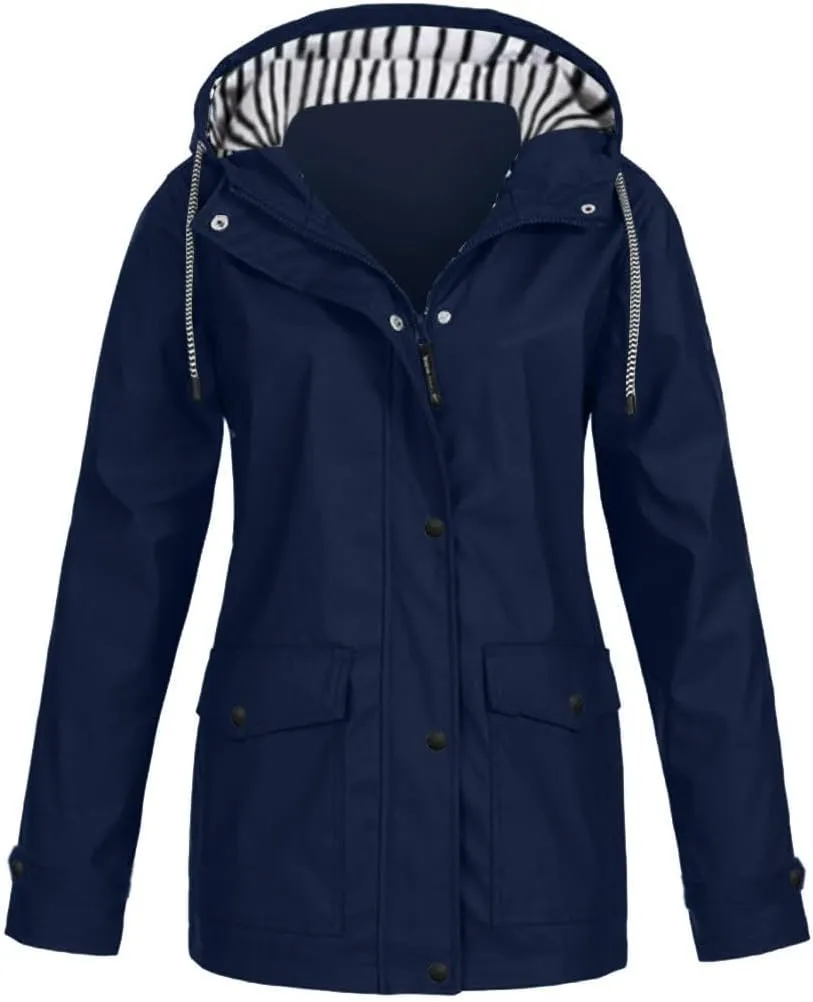 Womens Rain Jacket with Hood Fall Winter Jacket Sports Trench Jacket Solid Zip Up Windbreaker Drawstring Parka