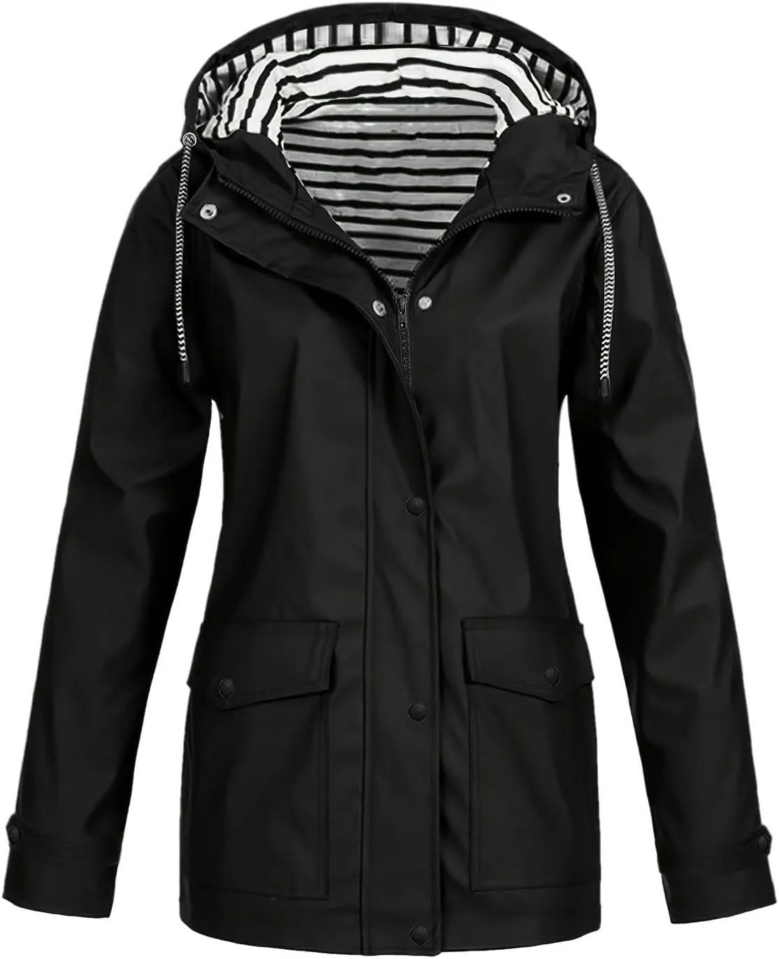 Womens Rain Jacket with Hood Lightweight Long Sleeve Windbreaker Zip Up Drawstring Raincoat with Pockets Black