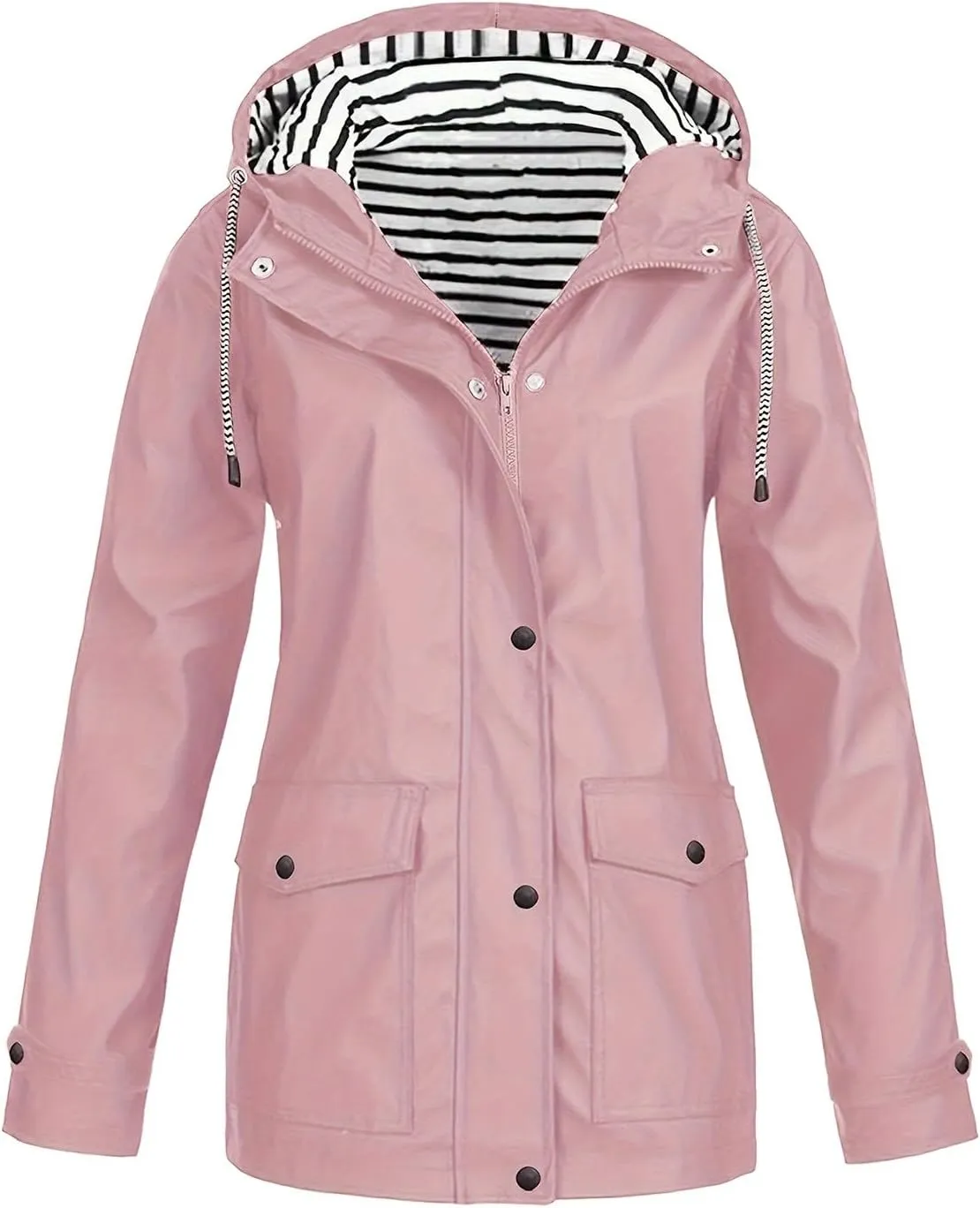 Womens Rain Jacket with Hood Lightweight Long Sleeve Windbreaker Zip Up Drawstring Raincoat with Pockets Pink