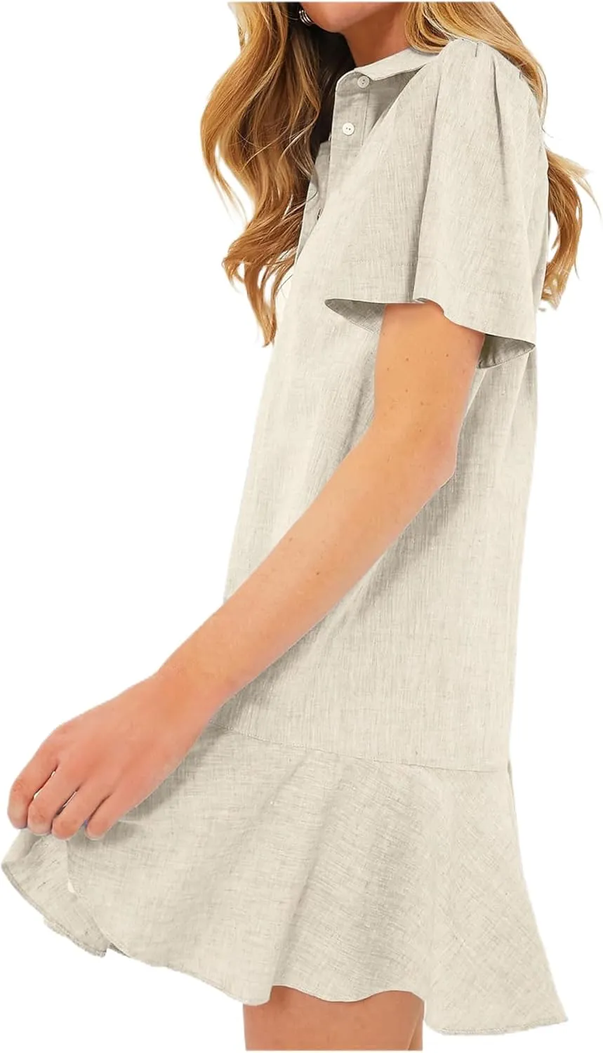 Women's Ruffle Hem Dresses Short Sleeve Lapel Shirt Mini Dress Button Down Summer Casual Loose Dresses with Pockets