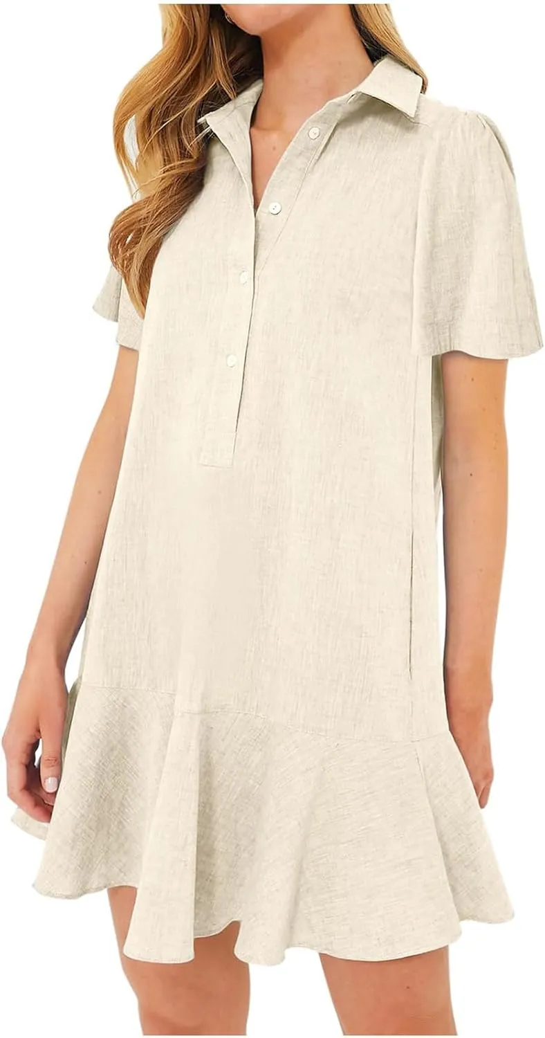 Women's Ruffle Hem Dresses Short Sleeve Lapel Shirt Mini Dress Button Down Summer Casual Loose Dresses with Pockets