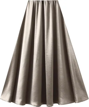 Women's Satin Long Skirts Luxury Elastic Waist Solid Color A-Line Skirts Flowy Midi Skirts