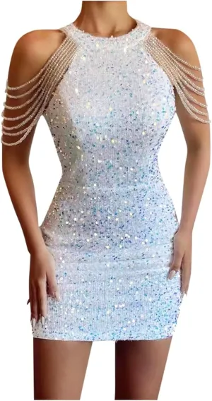 Womens Sequin Dress Hot Drilling Tassel Mini Dress Cocktail Party Dress Sexy Club Night Dress Wrap Hip Dresses