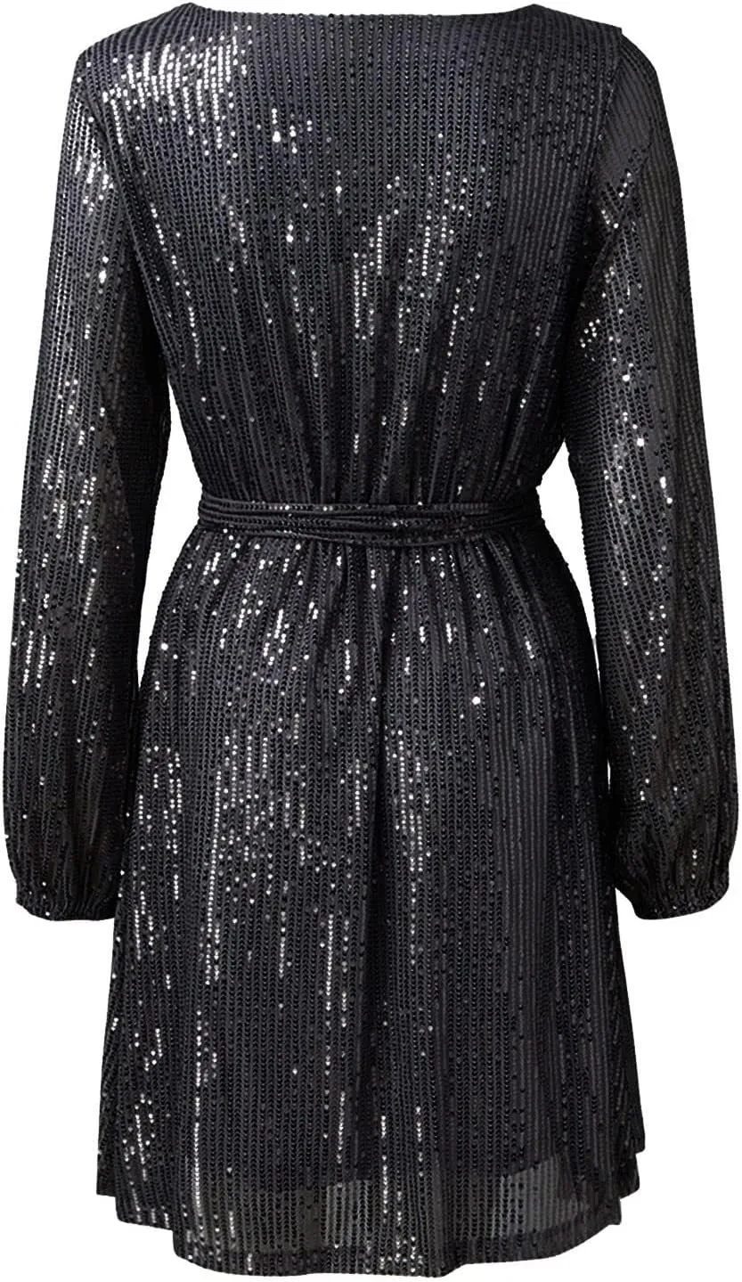Women's Sequin Saprkly Mini Dress Long Sleeve Homecoming Boat Neck Bodycon Dress Party Prom Cocktail Glitter Dress