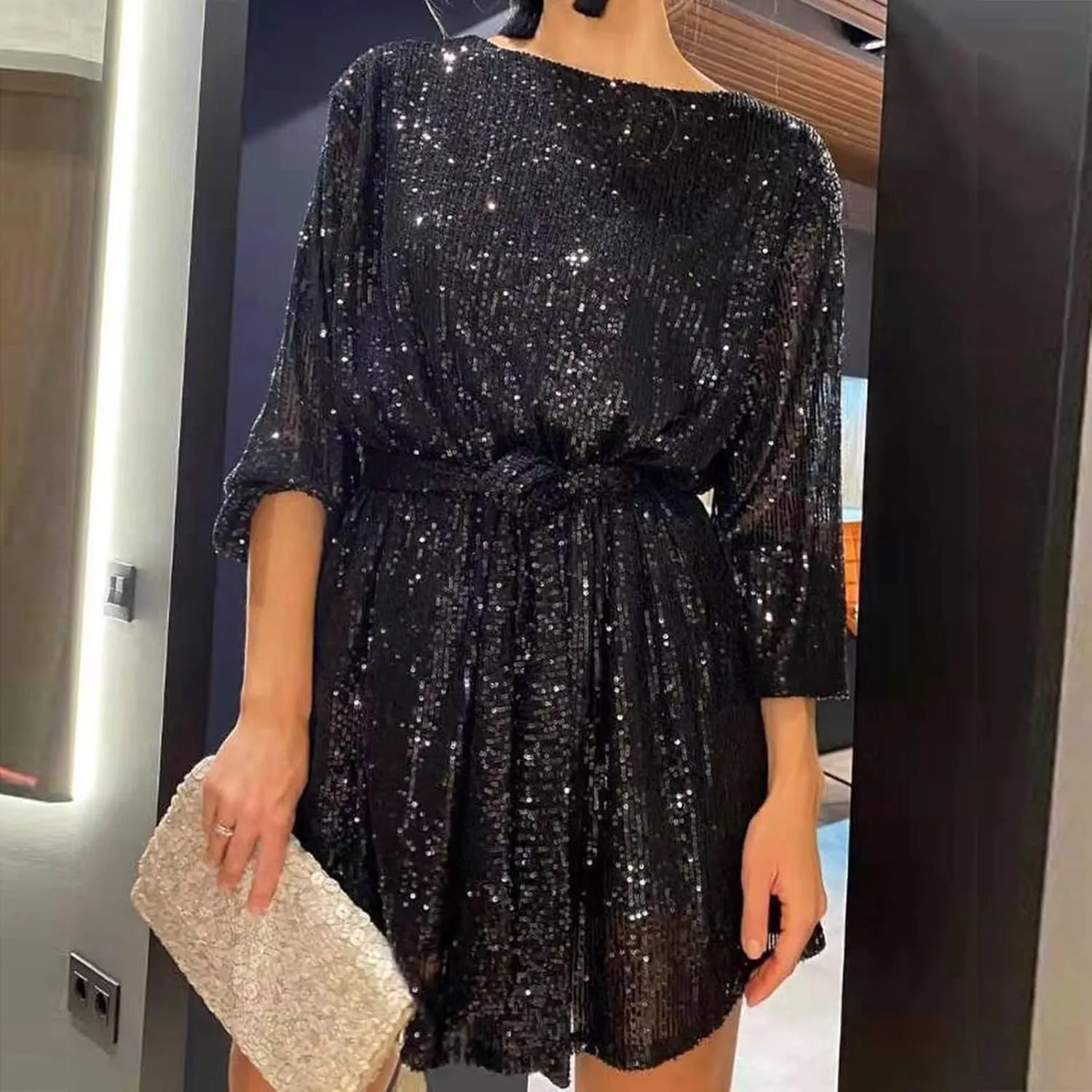 Women's Sequin Saprkly Mini Dress Long Sleeve Homecoming Boat Neck Bodycon Dress Party Prom Cocktail Glitter Dress