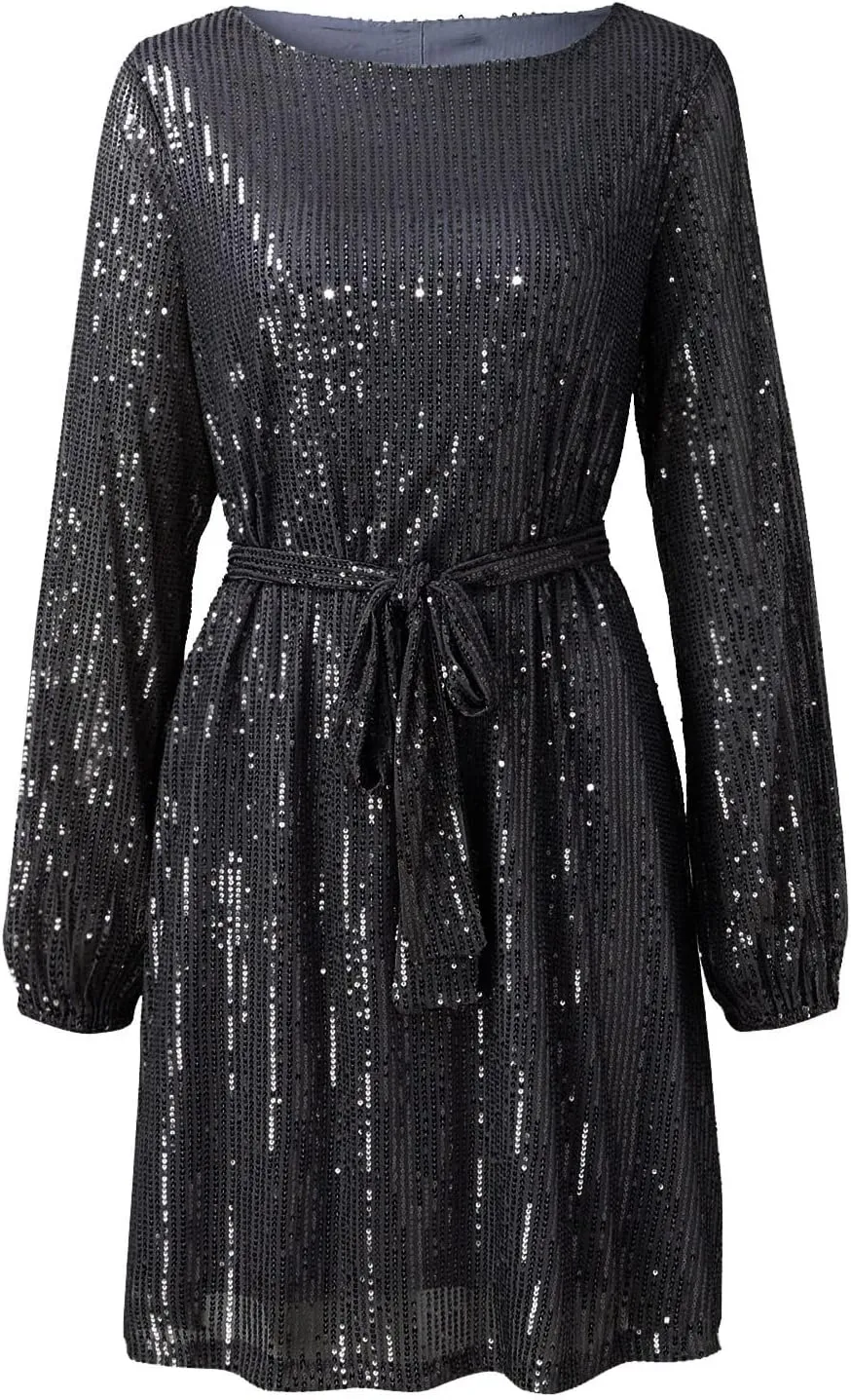 Women's Sequin Saprkly Mini Dress Long Sleeve Homecoming Boat Neck Bodycon Dress Party Prom Cocktail Glitter Dress
