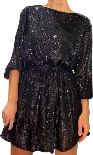 Women's Sequin Saprkly Mini Dress Long Sleeve Homecoming Boat Neck Bodycon Dress Party Prom Cocktail Glitter Dress