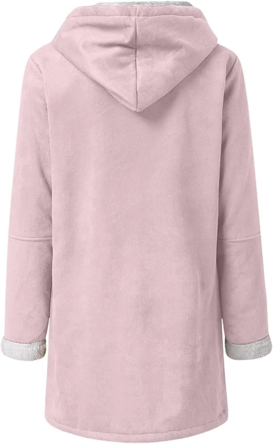 Womens Sherpa Lined Jackets Fashion Winter Fuzzy Fleece Hoodie Sweatshirt Casual Soft Cozy Horn Button Down Coats