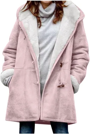 Womens Sherpa Lined Jackets Fashion Winter Fuzzy Fleece Hoodie Sweatshirt Casual Soft Cozy Horn Button Down Coats
