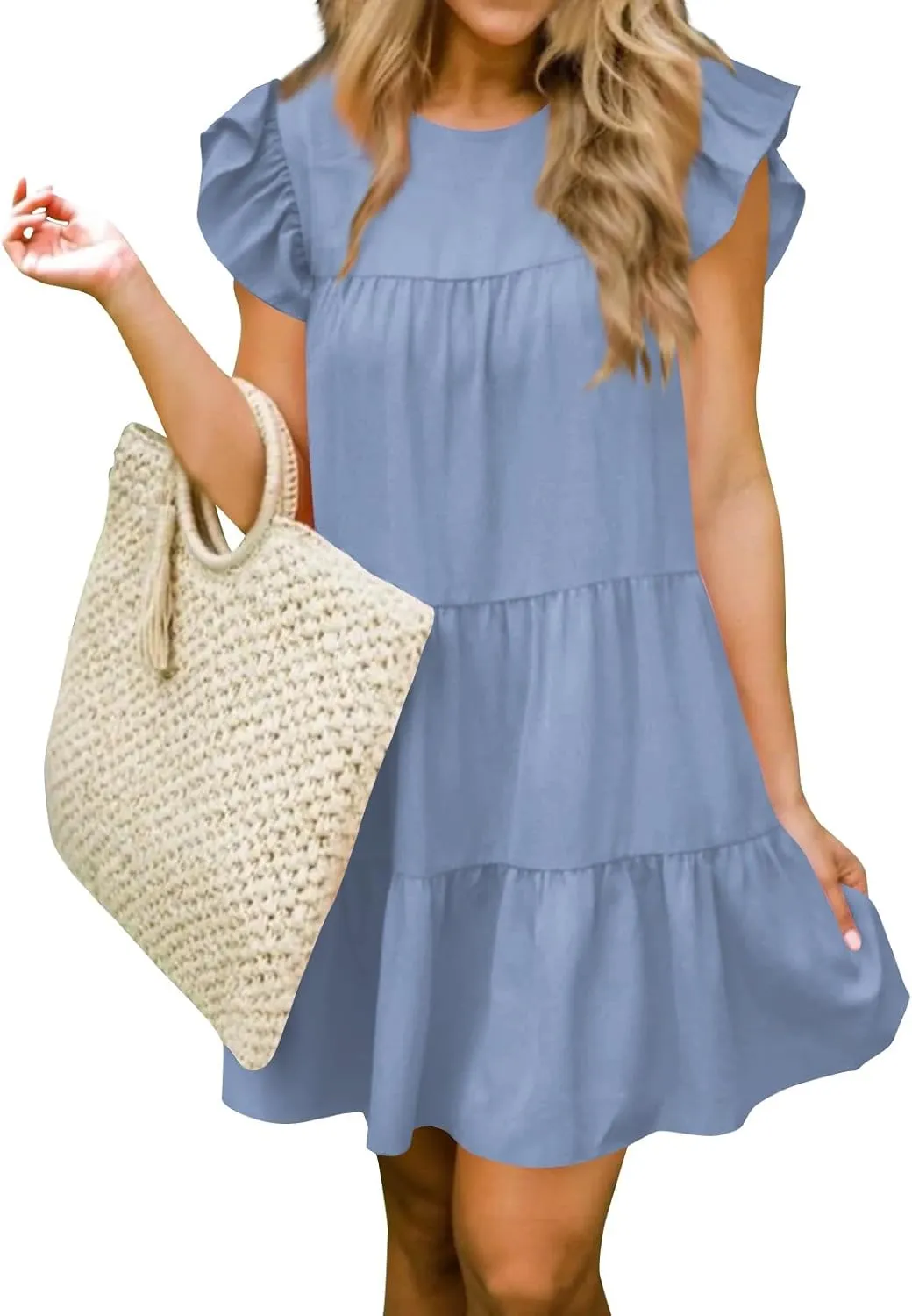 Women's Short Dresses Summer Round Neck Ruffle Sleeve Solid Color Beach Flowy Short Tunic Mini Dress Casual, S-2XL