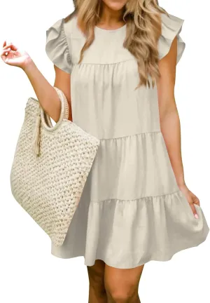 Women's Short Dresses Summer Round Neck Ruffle Sleeve Solid Color Beach Flowy Short Tunic Mini Dress Casual, S-2XL